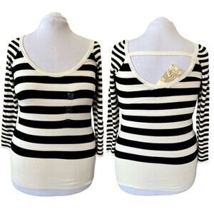 Guess Black White Metallic Gold Thread Scoop Neck Long Sweater LARGE Cottagecore